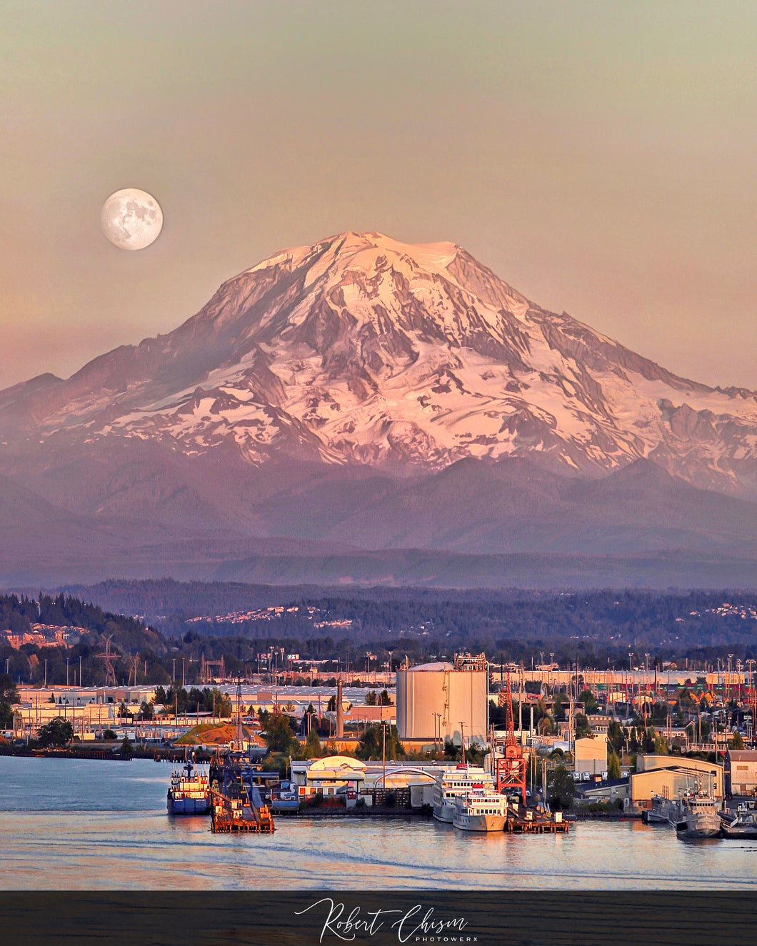 Moonrise over Mt. Rainier - Tacoma, WA.